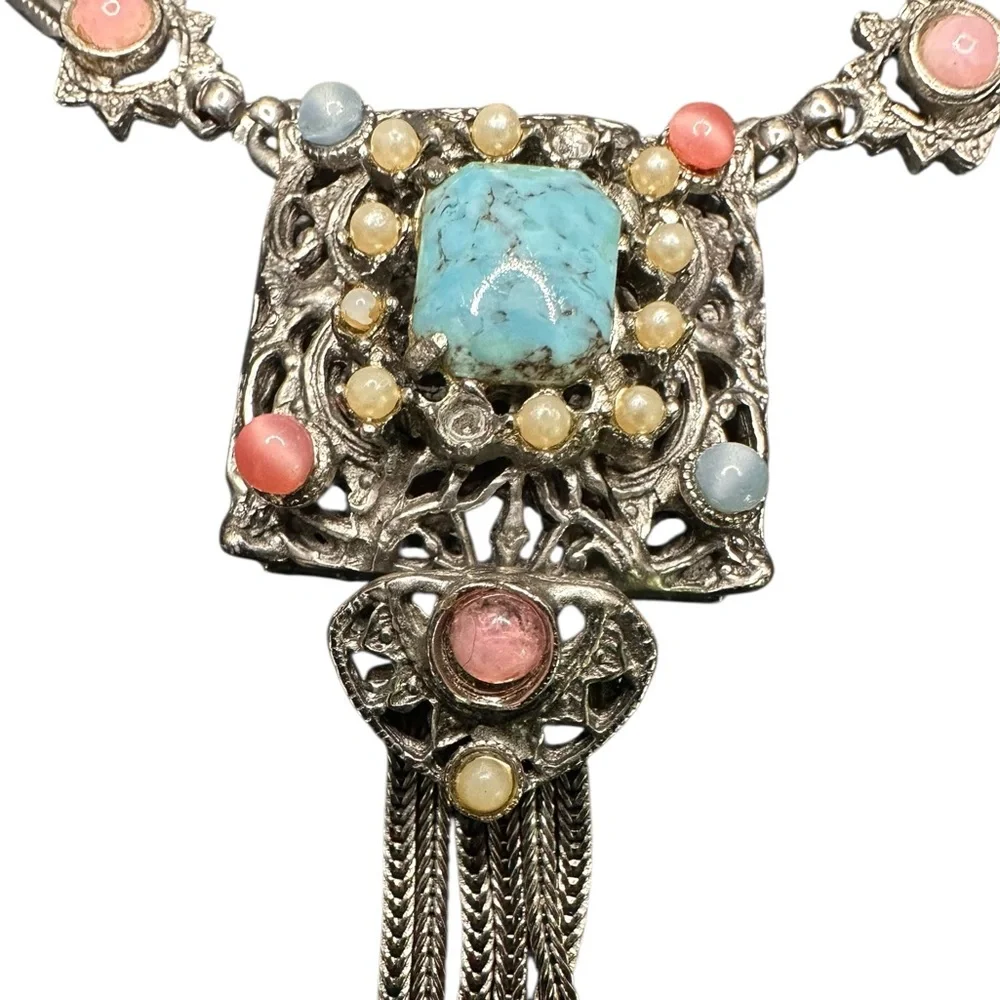 Vintage Etruscan Choker Necklace Tassel Heart Silver Tone Unsigned MCM Statement